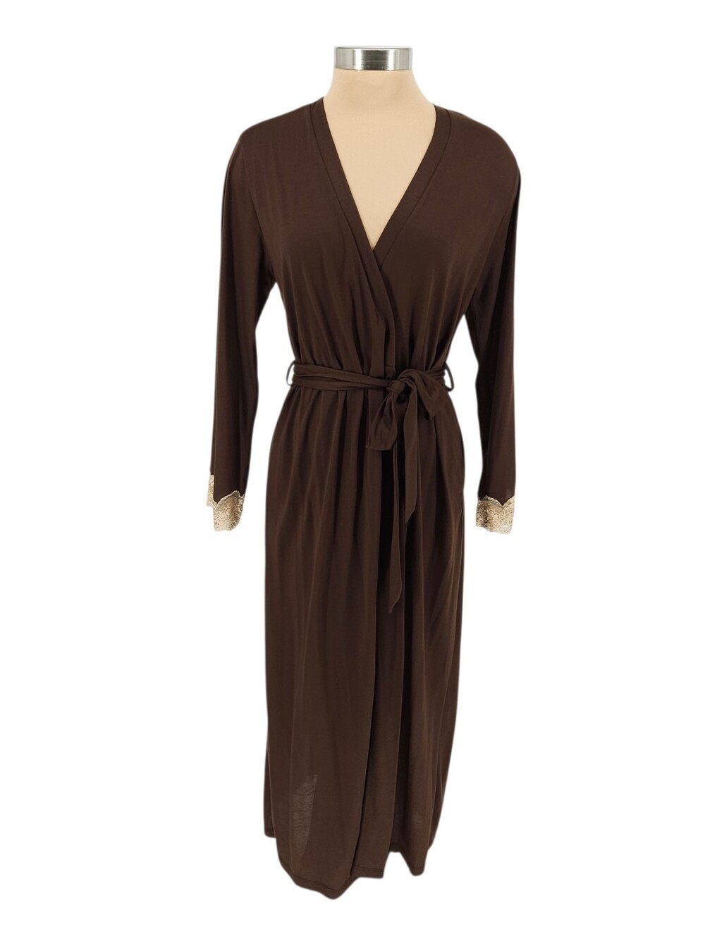 Jones New York Robe Brown Lace Long Sleeve Wrap Tie Lightweight Knit S/M
